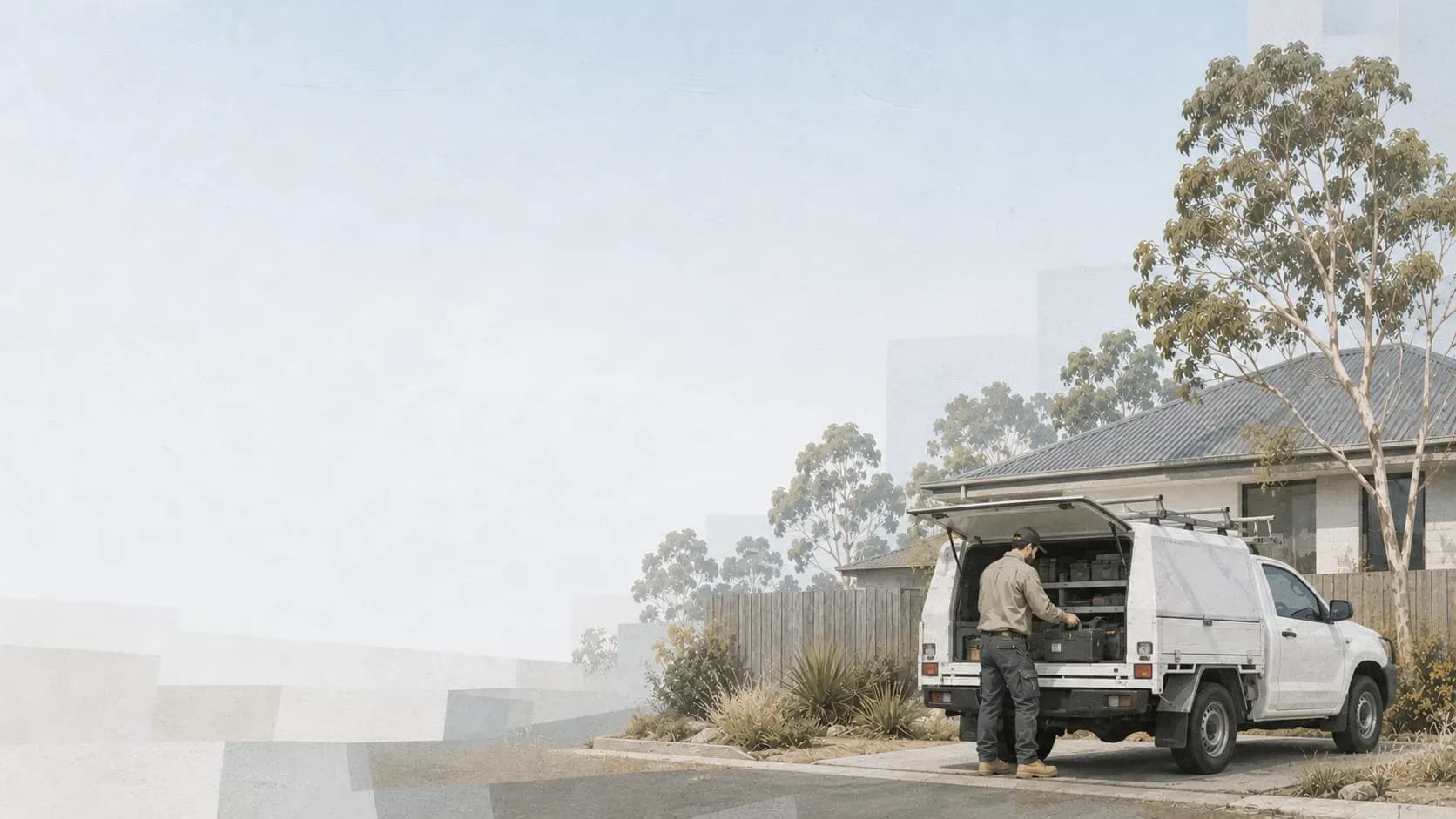 A tradesperson unloading tools from the back of a white ute outside a suburban house