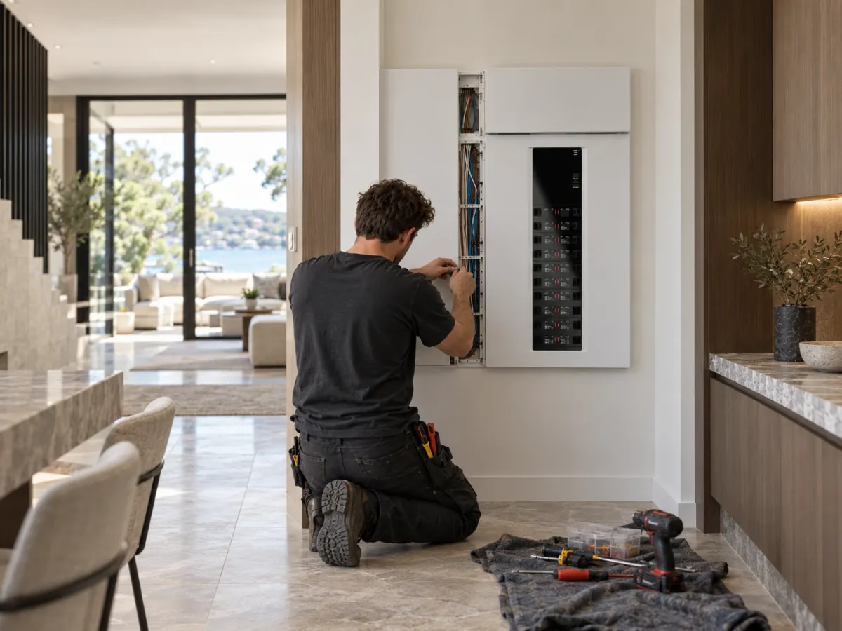 An electrician wiring a new switchboard in a home