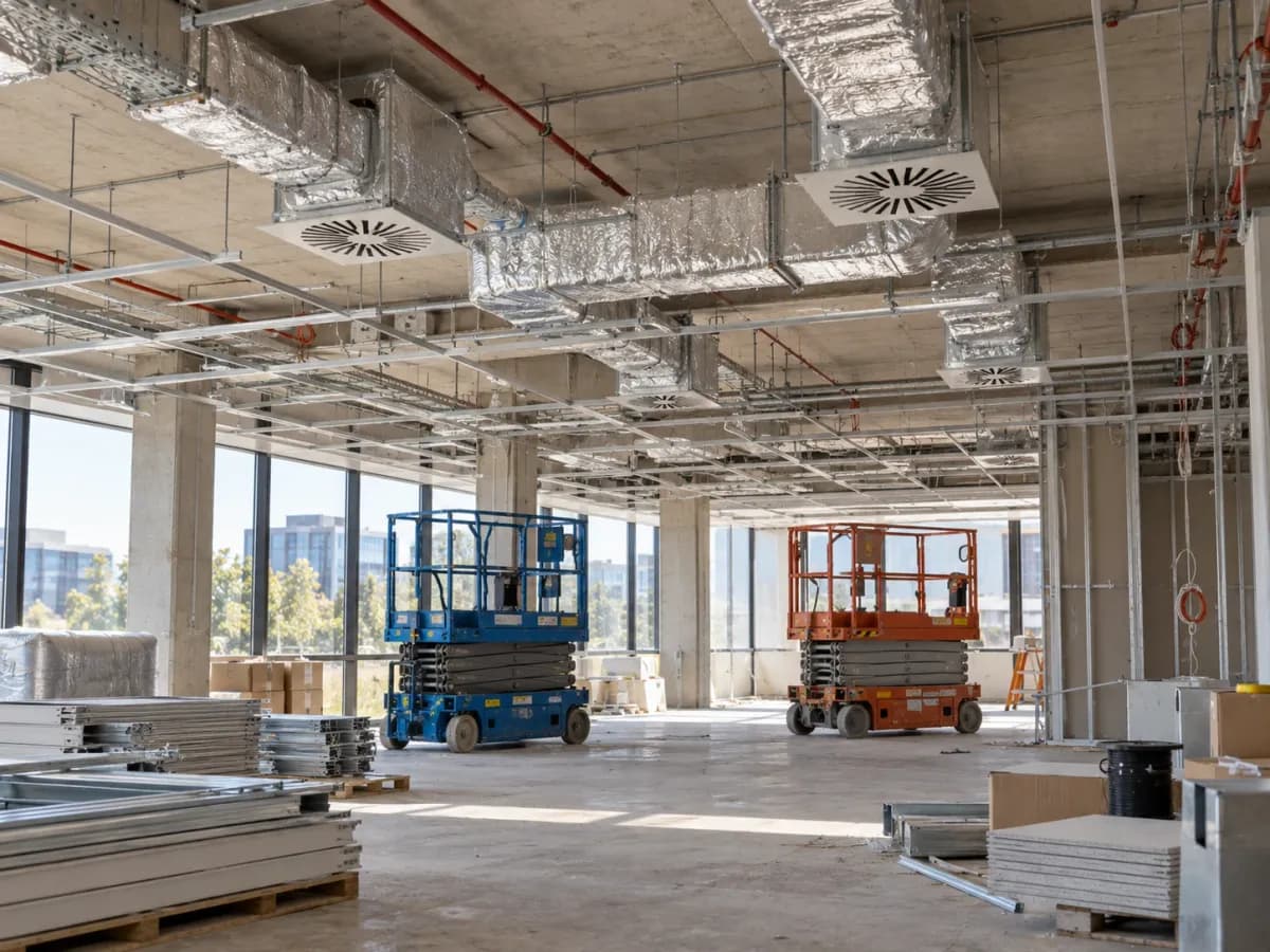 Insulated ductwork and ceiling diffusers going in on an open-plan office fit-out