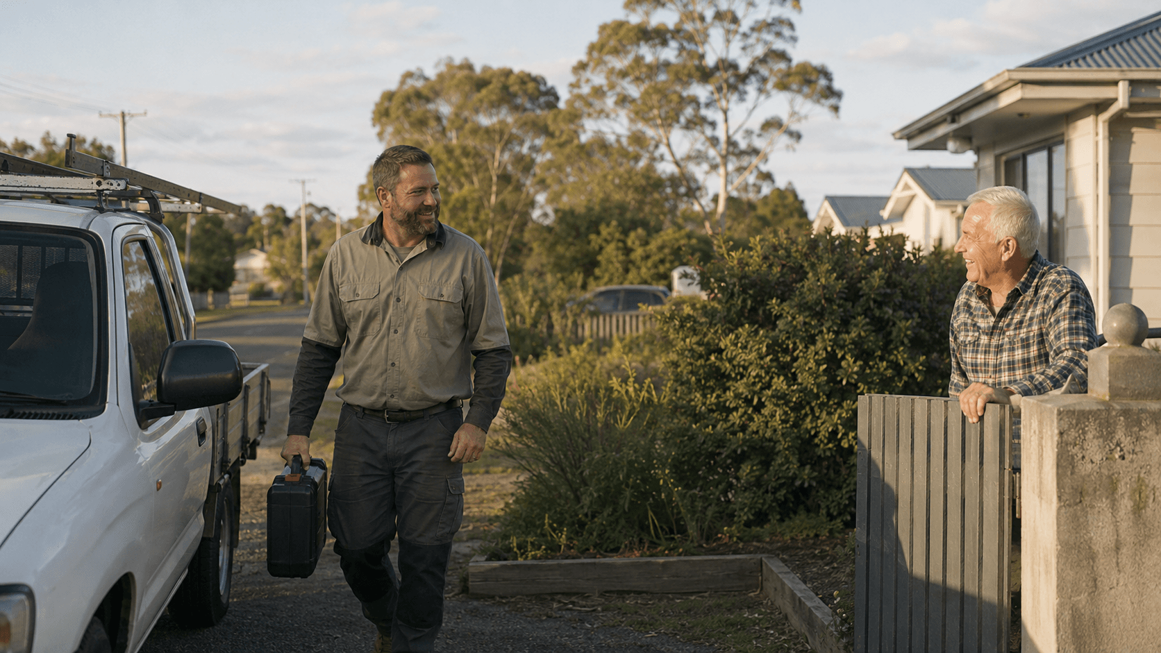 A tradesperson arriving at a customer’s house, greeted at the gate