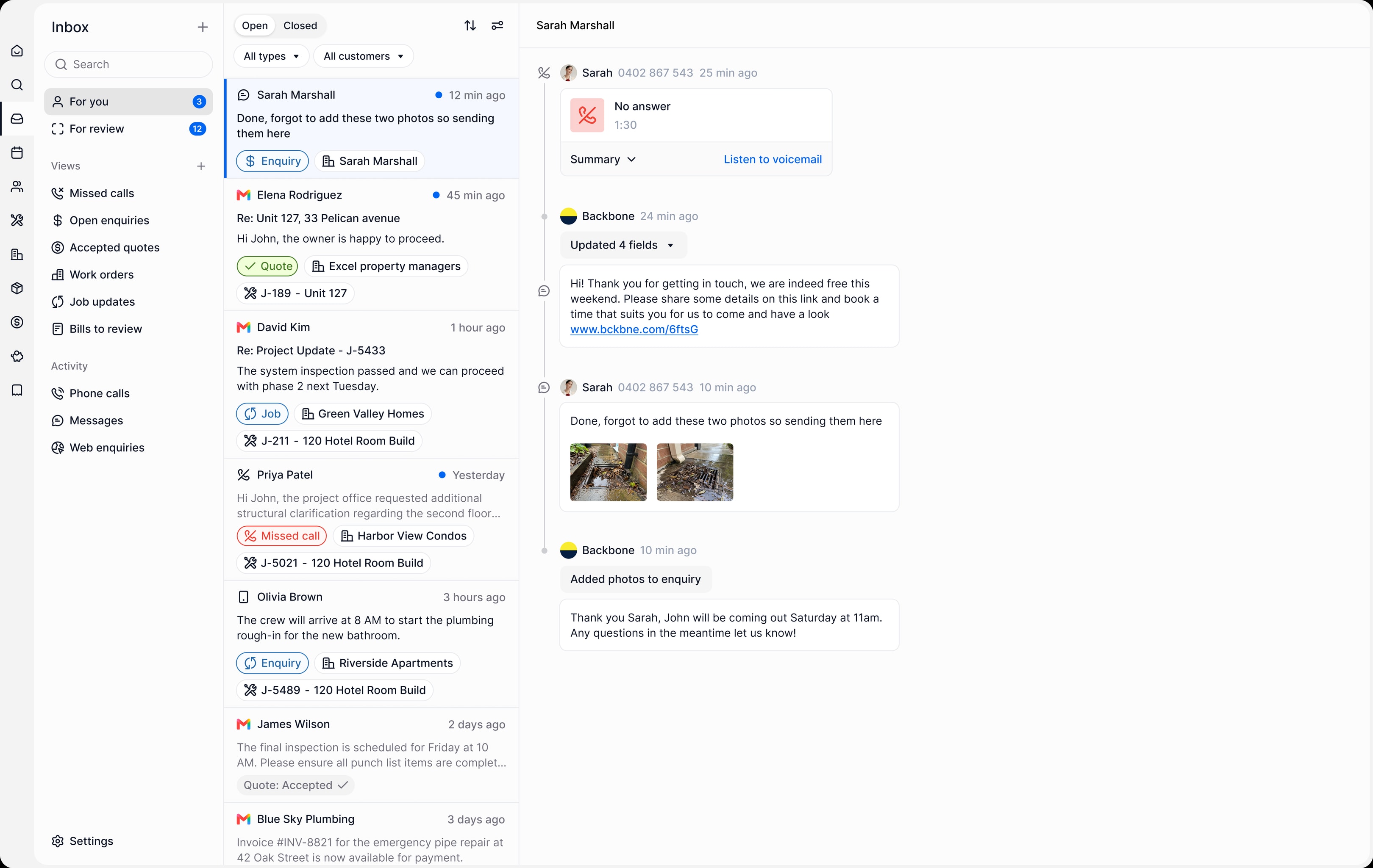 Backbone’s inbox, with calls, emails and messages from customers in one list beside a conversation timeline