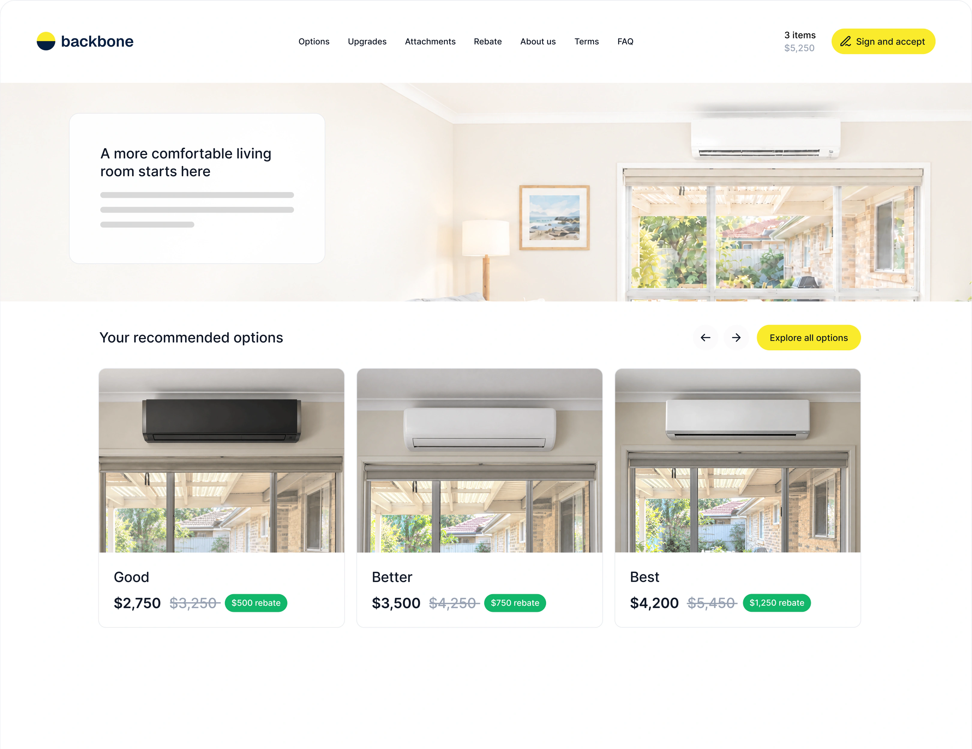 A Backbone proposal for a living room air conditioner, with good, better and best options priced with rebates