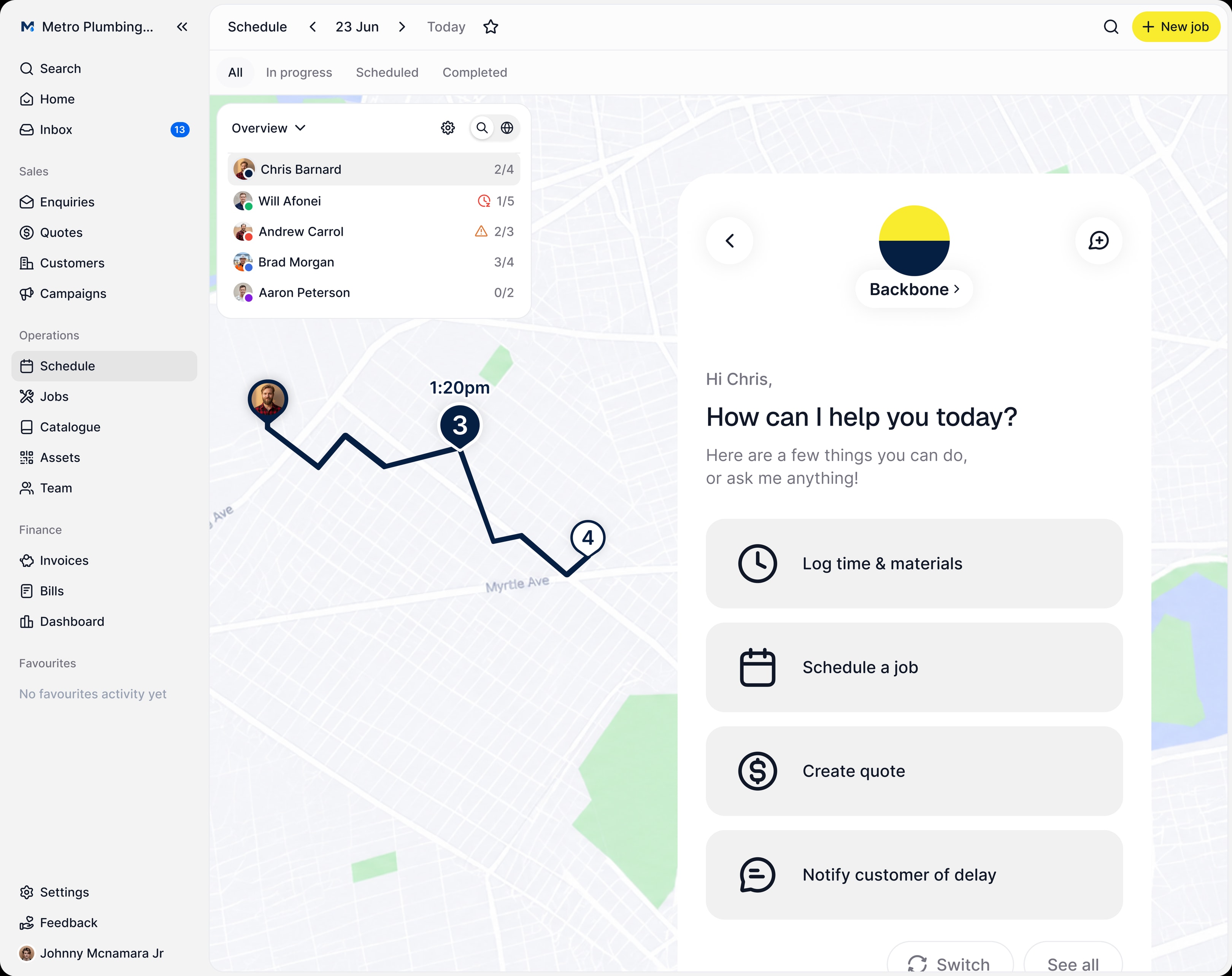 Backbone’s schedule, with a technician’s route on a map, the crew list and the Backbone assistant offering to log time, schedule a job, create a quote or notify a customer of a delay