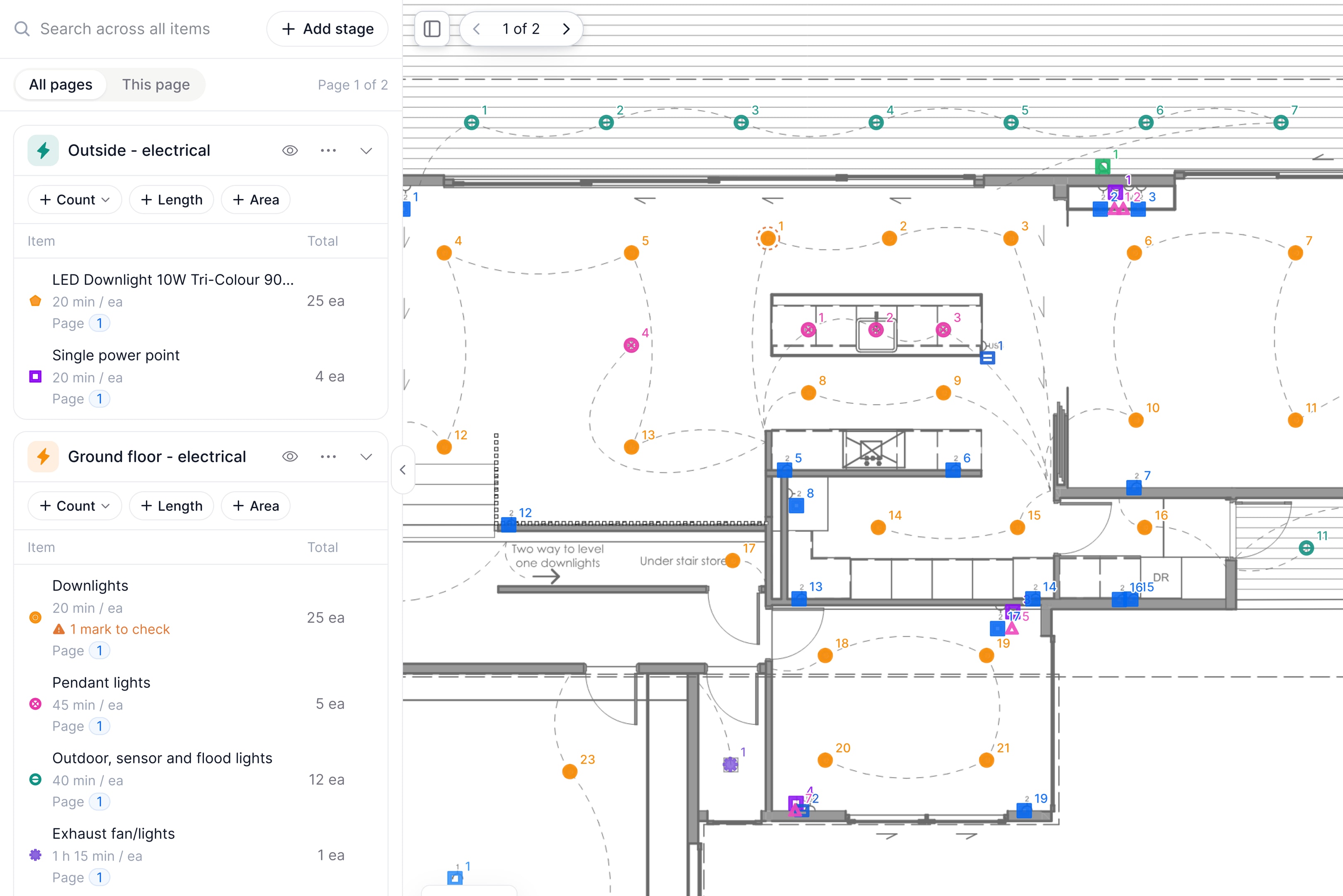 Backbone’s take-off on an electrical drawing, with downlights, power points and other items counted by stage